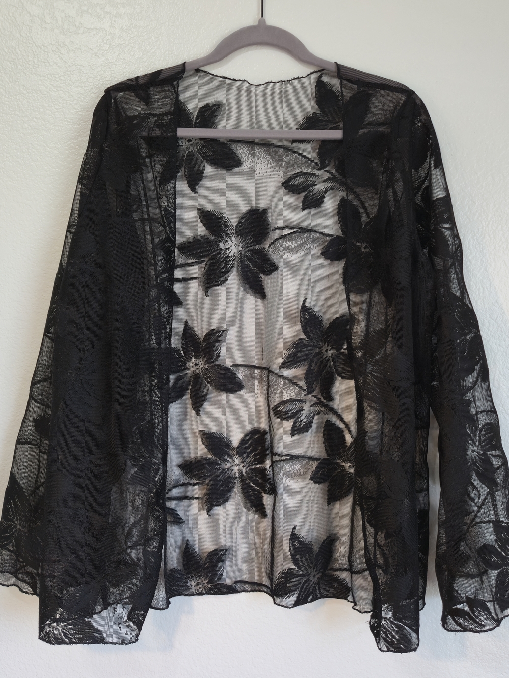 Floral Mesh Sheer Open Front Cardigan Kimono - L